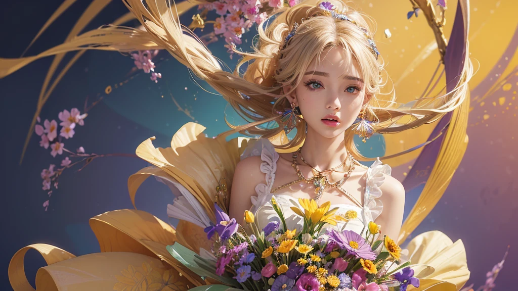 32K, 最高quality, 最高masterpiece, (ultra-Detailed Background, Detailed Background), High resolution, Super detailed, Very detailedな, 1 personの, (bouquet:1.3), (Tangled:1.2), (Geometric:1.2),(colorful),(masterpiece, quality, best quality, Official Art, Beautiful and beautiful:1.2), (1 person:1.3), Very detailed,(colorful:1.1)(Flowers:1.3),Most detailed,(Tangled:1.2), whole body, (Abstract background:1.3), (Skin glows), (Many colors:1.4), ,(Earrings Jewelry:1.5), Pale yellow background, It's imaginative., Milk tea colored hair, Updo,
