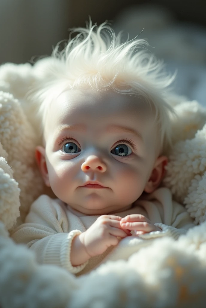 a 2 year old boy with a blue pacifier, curly blonde hair down to the shoulders, blue eyes and in the cradle