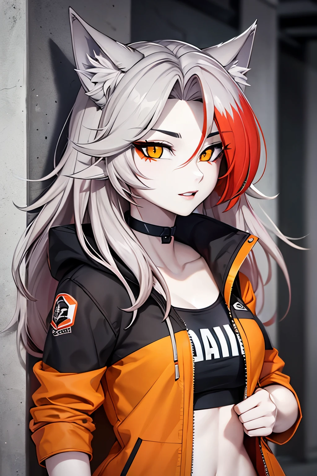 Beautiful Wolf Female, Grey Skin, Red Hair, Yellow Eyes, Orange Jacket.