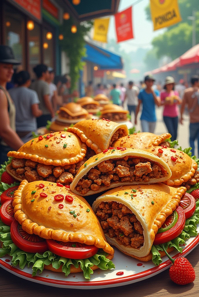 A drawing of Colombian fried food with empanadas, chorizos and sandwiches 