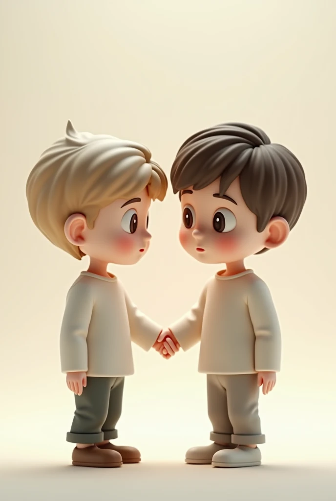 Knife two boys holding hands,a boy has slightly wavy light brown hair with brown eyes and a mole on the right corner of his mouth, very minimalist and white skin, the other one has slightly dark brown hair with light brown eyes and a striking look and a mouth with slightly large lips and white skin too and with the 3D image