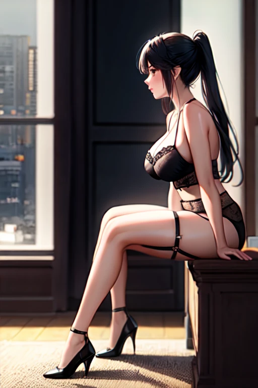 ((Best Quality)), ((masterpiece)), (detailed), 1 girl,, crossed legs, sitting, luxurious room, big breasts, black underwear, garter belt, black stockings,((Whole body)),((left profile view))