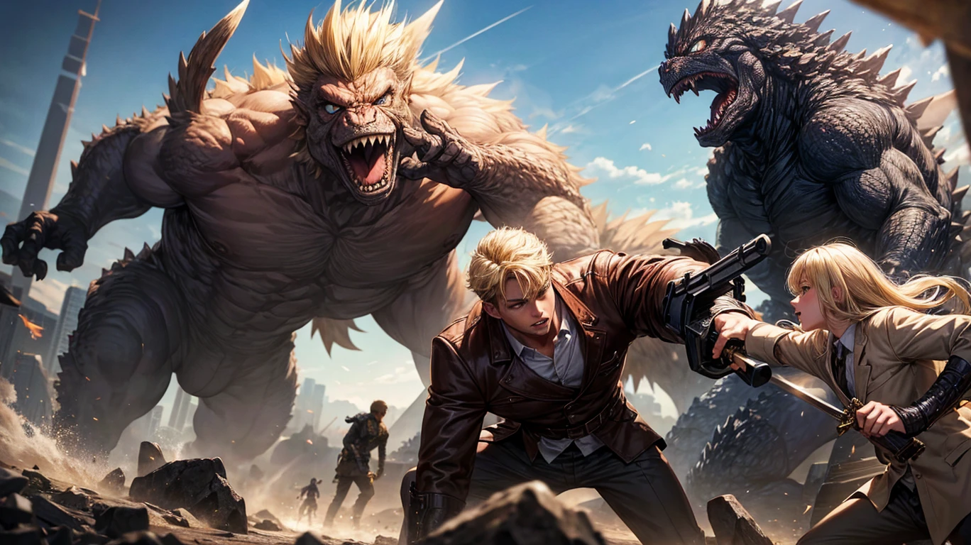 young man with blonde hair fighting big monsters like godzilla using sword, with his partner a brown-haired man carrying a gun