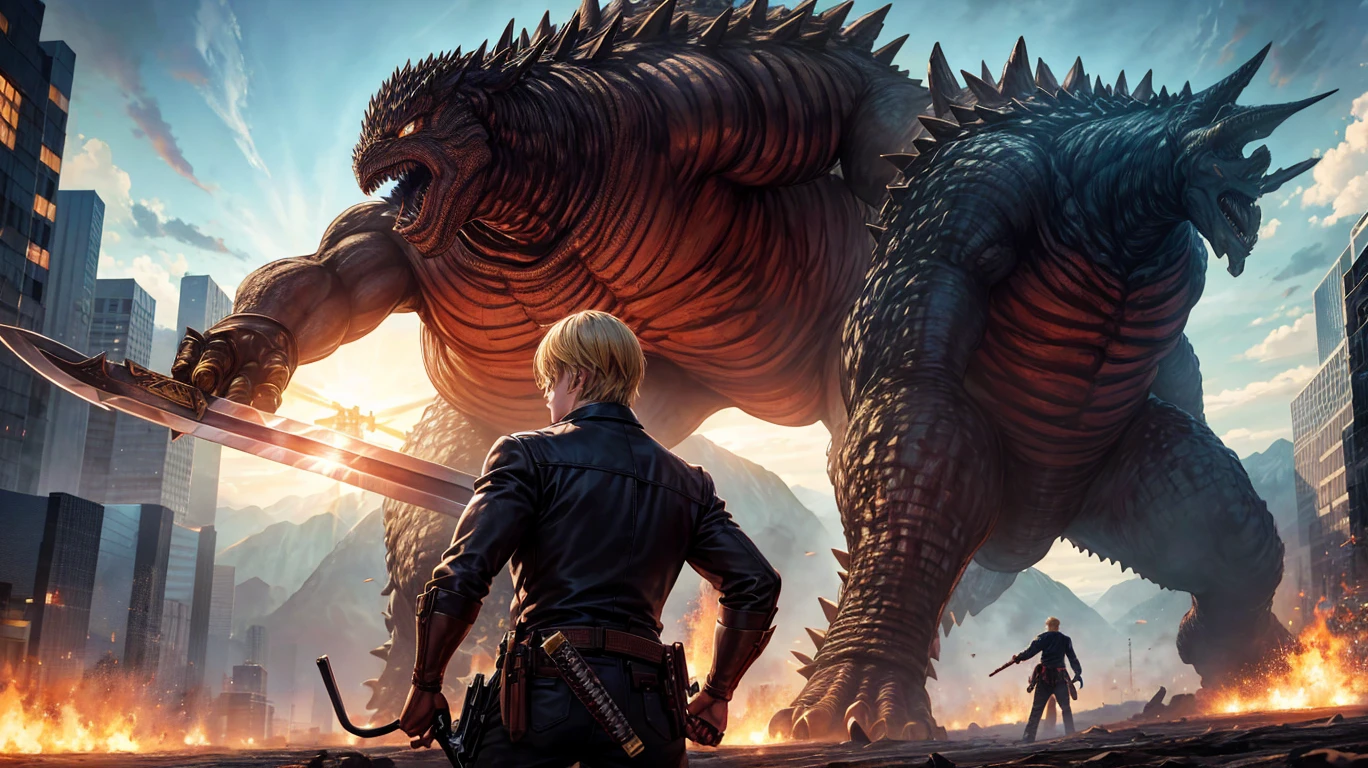 young man with blonde hair fighting big monsters like godzilla using sword, with his partner a brown-haired man carrying a gun