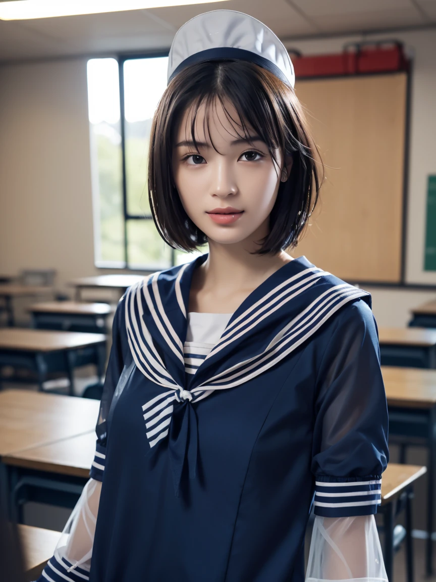masterpiece:1.2, Very detailed, Ultra-high resolution, Realistic, photo Realistic:1.6, High-resolution RAW color photos, Professional photos, Sharp focus:1.2, Very detailed顔と肌の質感, Very beautiful eyes, Glossのある肌, Glowing Skin, Glowing Skin, Shining Face, Gloss, Oily skin, greasy face, Oily skin, greasy face,, real Glossのある肌 texture, Perfect Anatomy, Very detailed背景,(High school classroom at night),1 female,25-year-old woman, Japanese women,short hair, Straight hair, bangs, Brown Hair,((Flat Chest:1.6)), ,((A very see-through white short-sleeved sailor suit:1.9)),((Wet, see-through clothes:1.5)),((Bra covered by sailor uniform:1.5)),Smiling faintly,((Viewer discretion advised 1.8))