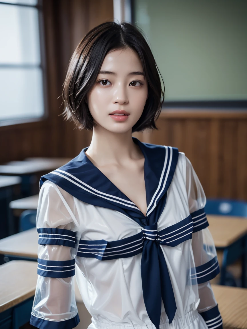 masterpiece:1.2, Very detailed, Ultra-high resolution, Realistic, photo Realistic:1.6, High-resolution RAW color photos, Professional photos, Sharp focus:1.2, Very detailed顔と肌の質感, Very beautiful eyes, Glossのある肌, Glowing Skin, Glowing Skin, Shining Face, Gloss, Oily skin, greasy face, Oily skin, greasy face,, real Glossのある肌 texture, Perfect Anatomy, Very detailed背景,(High school classroom at night),1 female,25-year-old woman, Japanese women,short hair, Straight hair, bangs, Brown Hair,((Flat Chest:1.6)), ,((A very see-through white short-sleeved sailor suit:1.9)),((Wet, see-through clothes:1.5)),((Bra covered by sailor uniform:1.5)),Smiling faintly,((Viewer discretion advised 1.8))