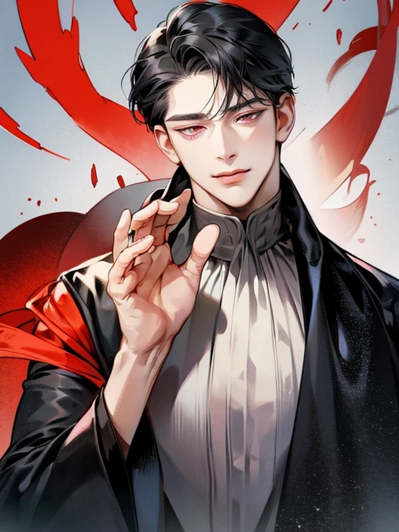 Solo, anime drawing of a man with grey black hair and red eyes, clean anime outlines, praying posture, side part bangs, medium hair length, anime portrait of a handsome man, male anime style, smirk facial