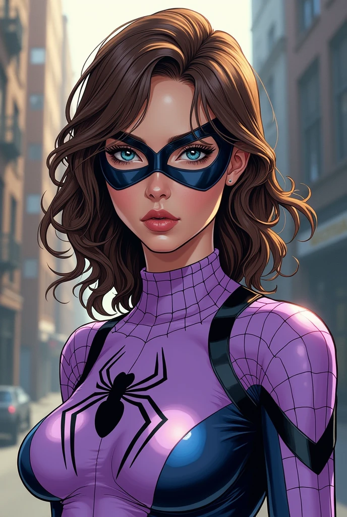 a girl with brown hair and blue eyes. her hair is a tomboy and she has big eyelashes. she has a lilac spiderman outfit, but only with a mask over her eyes, and she is over 20 years old and has a more serious and sober appearance. . MARVEL 1980 comics style 2D