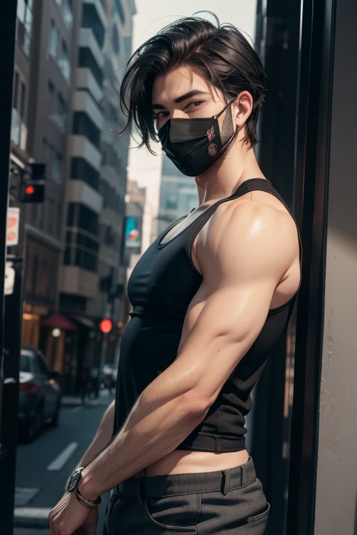 Dark haired boy, a little muscular, black tank top and black mask