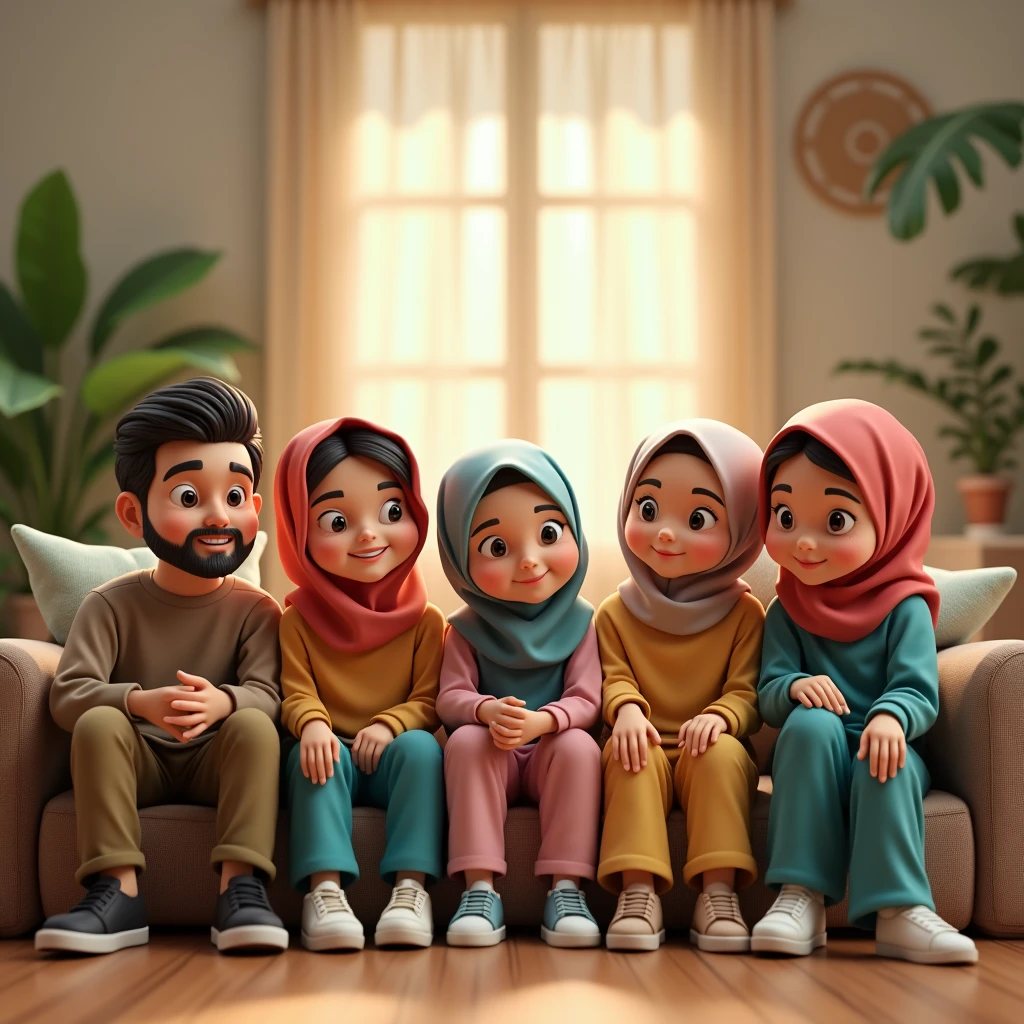 6 people ((3 hijabless male sitting)) ((3 hijabbed females sitting)), caricaturized, cute face, white people, casual fashion, fantasy art, happy expression, extreme detail, masterpiece, cinematic lighting, 4k, indoor background