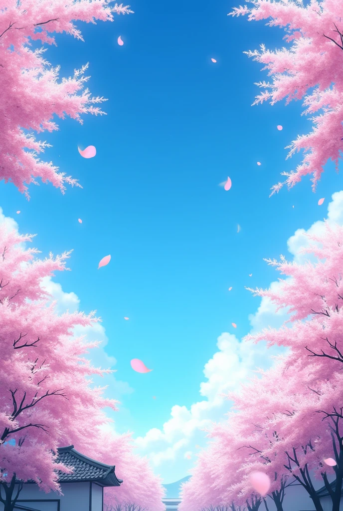 A breathtaking expanse of blue sky dominates the center of the image, its azure hue vibrant and clear. Framing this vast blue canvas is an abundance of cherry blossoms in full bloom. The pink flowers create a lush border around the edges of the scene, their delicate petals a stark contrast to the bold blue of the sky. Cherry blossom petals drift gently through the air, creating a romantic, dreamlike atmosphere.
At the bottom of the image, subtle architectural elements peek through the cherry blossom trees. These could be traditional Japanese buildings or modern structures, their rooftops just visible amidst the sea of pink blossoms. The buildings should occupy only a small portion of the overall image, serving as a grounding element to the ethereal scene above.
The overall composition emphasizes the harmony between the vast blue sky, the profusion of cherry blossoms, and the hint of human presence below, capturing a moment of natural beauty and serenity.