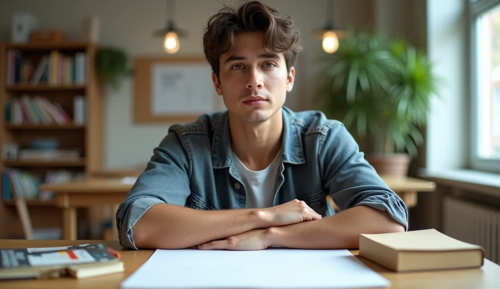 (Photorealism:1.2), lelaki, Students, time,handsome, sit down,facing forward,shows a blank sheet of paper, aesthetic, interesting, clear