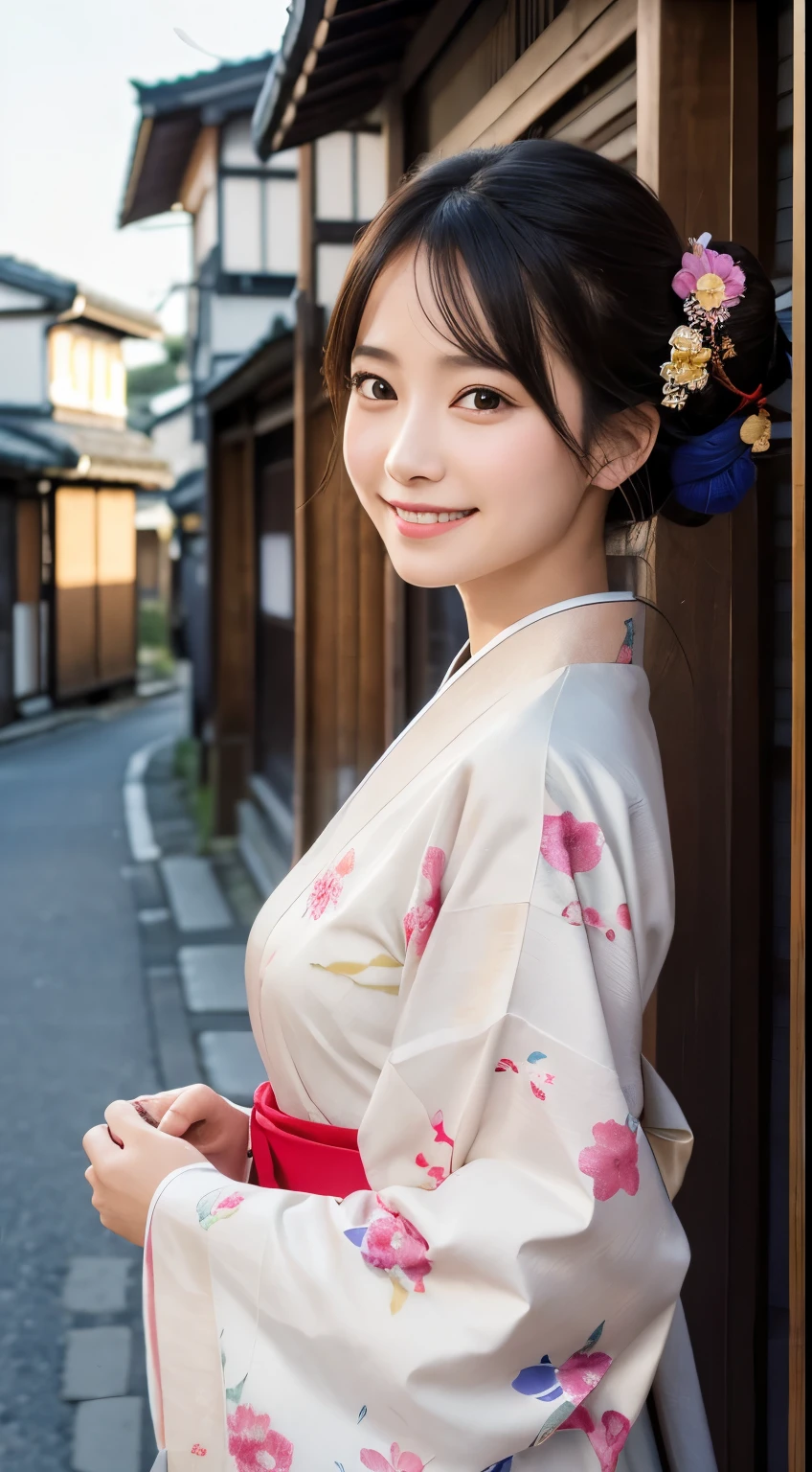 Professional Lighting,(Photorealistic:1.4), (Top image quality:1.0), (超High resolution:1.0), 8k, Raw photography, (masterpiece:0.2), (Facing the children_v1:0.5)、(最高quality Detail:1.2)、Realistic、8k UHD、High resolution、(1 person:1.2)、超detailedな、High quality textures、複雑なdetailed、detailed、Very detailed CG、High quality shadows、detailed 美しく繊細な顔、Beautiful details and a delicate eye、(Symmetrical eyes:1.2),Written boundary depth、Ray Tracing,1 person, Japanese, (Natural smile:1.4),cute, thin, Portrait of a beautiful Japanese woman in a kimono, Standing elegantly on a street corner in Kyoto. Kimono with vibrant traditional patterns, Hair decorated with elegant and delicate hairpins, Gentle expression. (With the old streets of Kyoto in the background:1.4)、The soft light of a spring afternoon、Adding tranquility to the scene. Rendered in a Realistic style with great attention to detail, High resolutionの画像.Sky Porn, Magic Hour, (Realistic:1.3), finely, quality, (Tabletop:1.2), (Realistic:1.2), (最高quality), (複雑なdetailed), dramatic, Ray Tracing, photograph, +roller