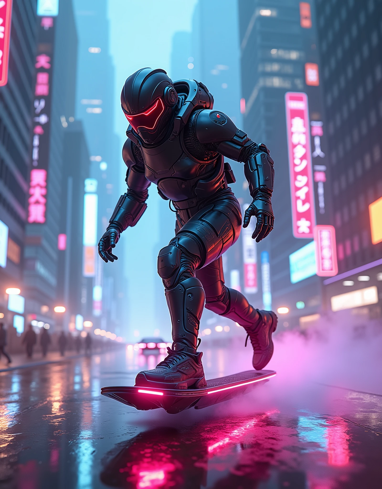 (masterpiece:1), 8K, unreal engine, hyperrealistic, reflexions/refraction, (HDRI illumination), "An intrepid cyborg/bionic/hero running on a flying hoverboard, ((nuclear/electromagnetic (quantum driven)), with futuristic sneakers from the year 3000, cyberpunk atmosphere, neon city lights, he is wearing and armour cyber-futuristic military grade.