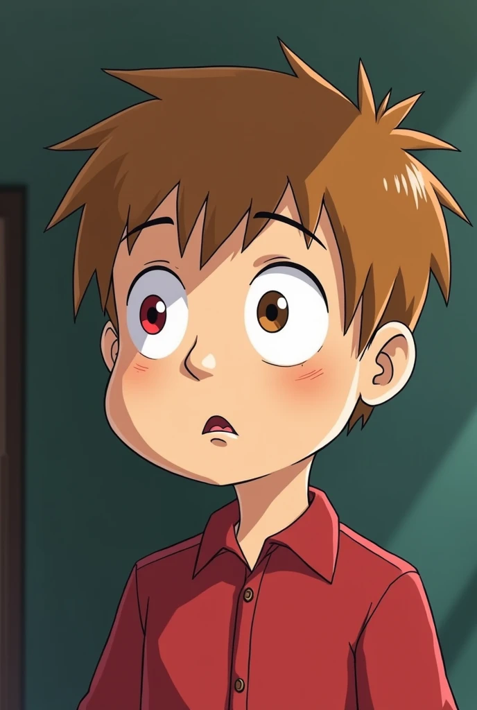 Light brown hair, slightly chubby face, one eye is red and the other is light brown, Eric Cartman is a man , He is a 13 year old boy, His face is excited , Her hair is straight and quite flat, cut around his head without much volume, profile or semi-coastal