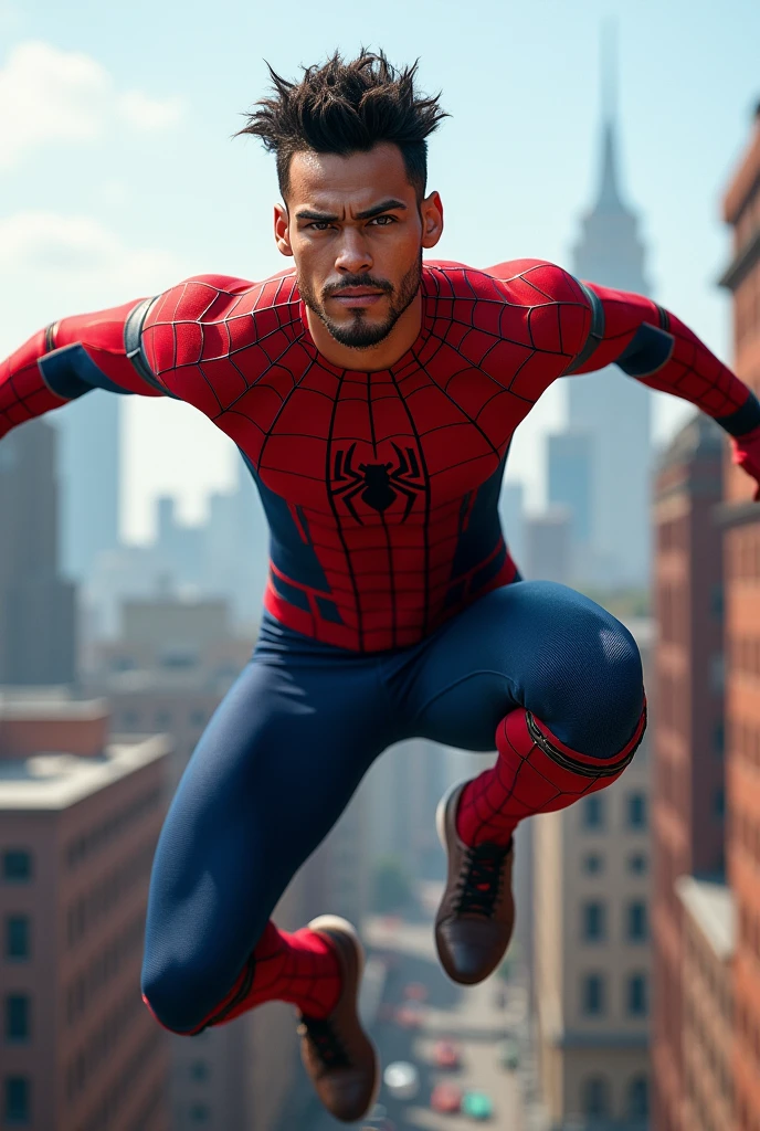 Neymar dressed as Spiderman but without the mask 
