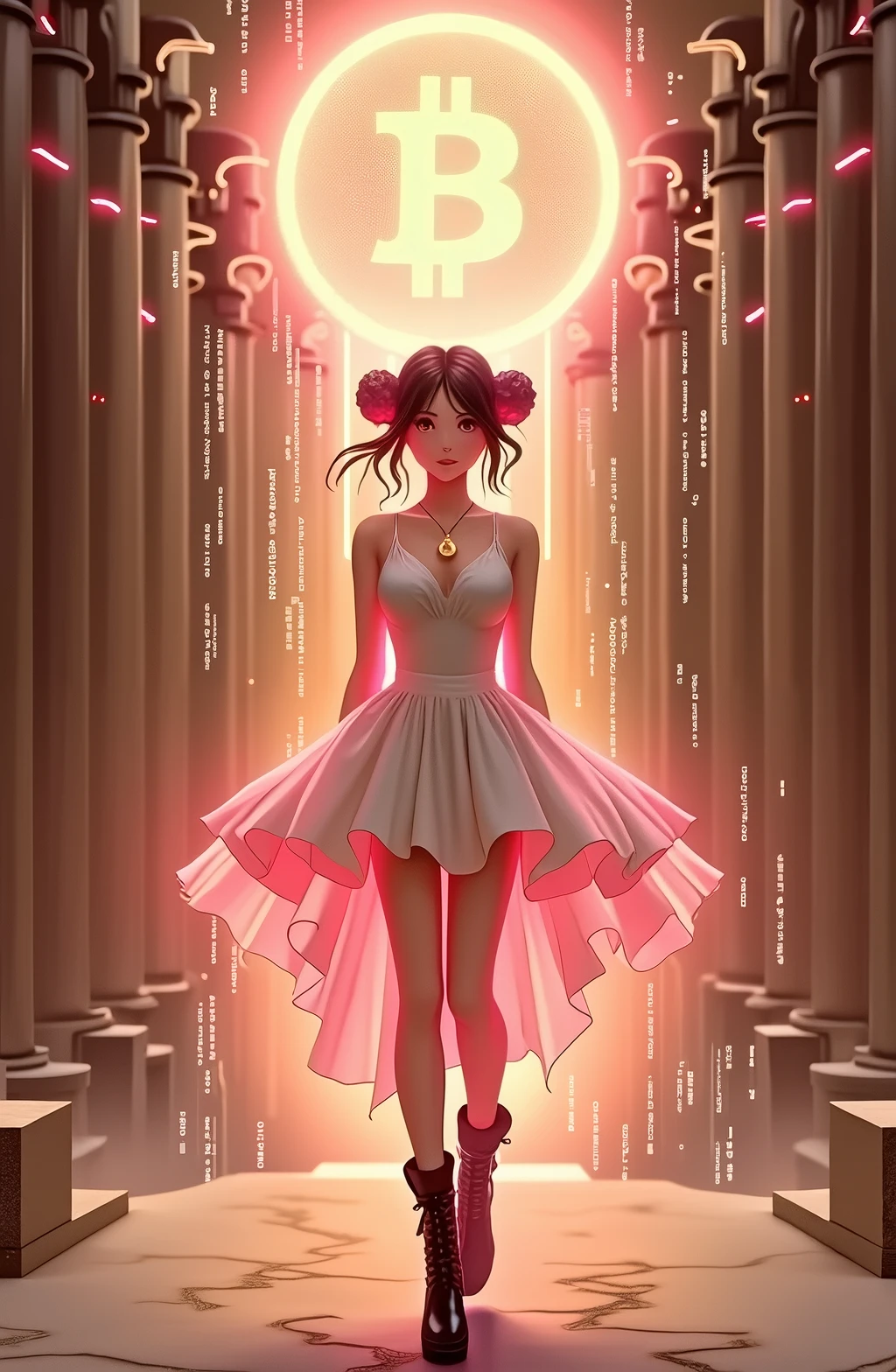 A girl in a white miniskirt dress and black boots with pale pink eyes and twin bun hair. A girl in a white dress. A delicate and divine girl.々The girl is beautifully and elegantly painted, enveloped in light.、The reason why he is worshipped like a god in the crypto world、The girl is surrounded by floating data streams and futuristic architecture in a digital space.、people々gathered in respect、The overall atmosphere of the depiction of her being worshipped as a symbol of virtual currency is、Symbolizing the sacredness and future of cryptocurrencies、Sublime and powerful. Overall brown color image. Front view of a girl. Light from the Bitcoin mark shines through.、The girl has a halo shining on her head。
The girl was wearing beautiful jewelry.、Neon color light、A futuristic girl's outline glows in neon pink