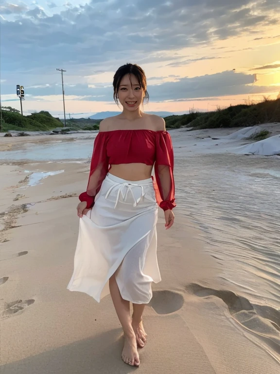 Browsing Caution, ((Highest quality)), ((8k)), ((masterpiece:1.3)), (Perfect look), (Photorealism:1.6), (Sandy Beach: 1.6), (Sandy Beachを歩く女性), (The sky dyed red by the sunset), (Sunset over the sea: 1.2), Japanese women, 4, ((Realistic skin texture)), (Fine wrinkles appear all over the skin: 1.3), (Dullness: 1.1), (Unmoisturized skin: 1.2) , (Facial wrinkles: 0.9), (Wrinkles around the eyes: 1.2), double eyelid, Lower eyelid tear sulcus, (Crying Mole: 0.9), The eyes are looking here, Serious gaze, (Dimples: 1.2), Long Hair, (Boyish Belly Shorthair), (Hair above the ears), Laugh with the corners of your mouth turned up, Soft fabric off-shoulder blouse, Wide sleeves, Cuffs that fit your wrist, (The bottom of the blouse is tucked into the skirt: 1.2), flare skirt, barefoot, Hair blowing in the wind, Small breasts, (whole body: 1.4),
