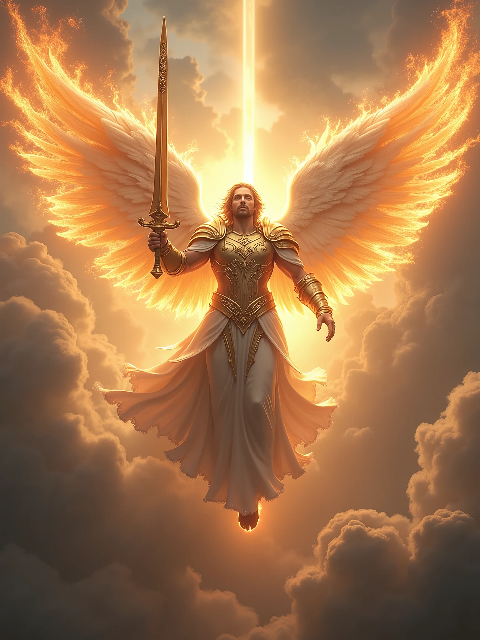 the angel Metatron in angelic armor with a flaming sword flying totally real image
