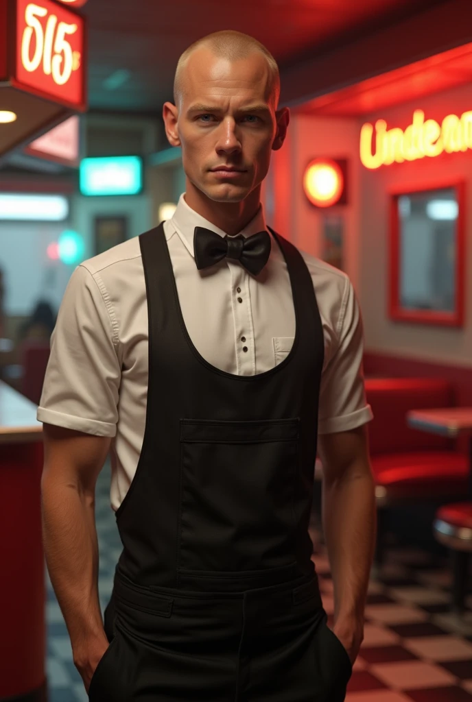 Blond Caucasian man with shaved hair, 4. Neil Patrick Harris Lookalike with Slim Defined , wearing an 80s style waiter outfit. It's in an old 80's NYC diner.