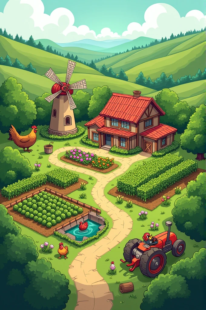 draw the ideal farm site for vegetable production, consider the slightly sloping topography of the land, nearness to road and transportation facilities and availability of water supply, make it easy and drawing-able, unrealistic, cartoon-like