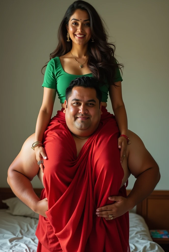 Beautiful and Slim Indian woman Aishwarya Rai in green blouse red saree lifting a large chubby man above her shoulders, man is sitting on woman's shoulder, in a bedroom, natural smile, woman is looking into the camera , she is holding his hands, full body image 