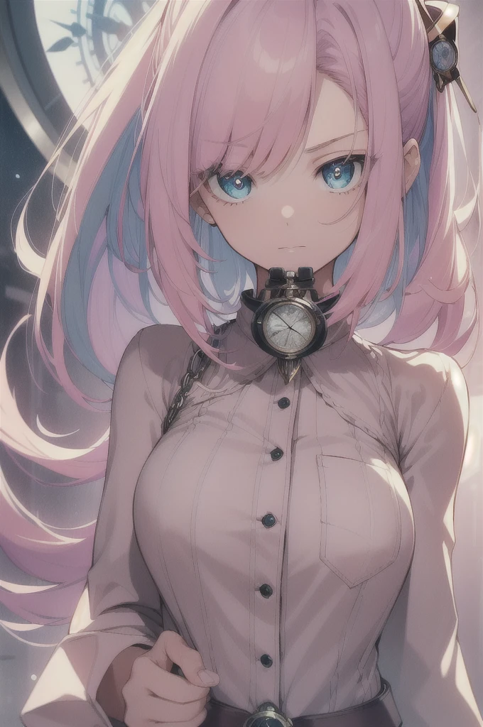 (masterpiece), (best quality: 1.0), (ultra high resolution: 1.0), (1 paper girl), (best quality, 4k, 8K, masterpiece: 1.2), 2.5d, pink hair, her pose is relaxed but with a dominant attitude, diffuse background and bokeh with soft colors, hypnotic background, hypnotic eyes, pocket watch moving, gaze at the viewer