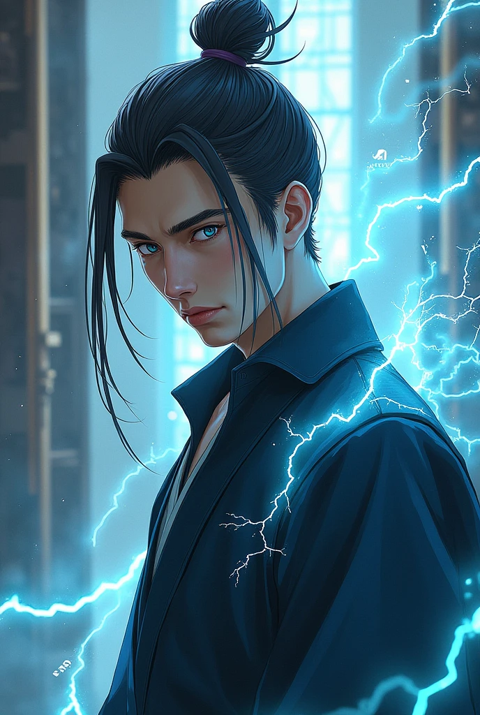 A slim defined man. With black hair on the sides and nape, straight and blond on top and tied up in a samurai style, with blue eyes. With a height of 1,75m in white skin color. With energy powers, electricity and tesla.