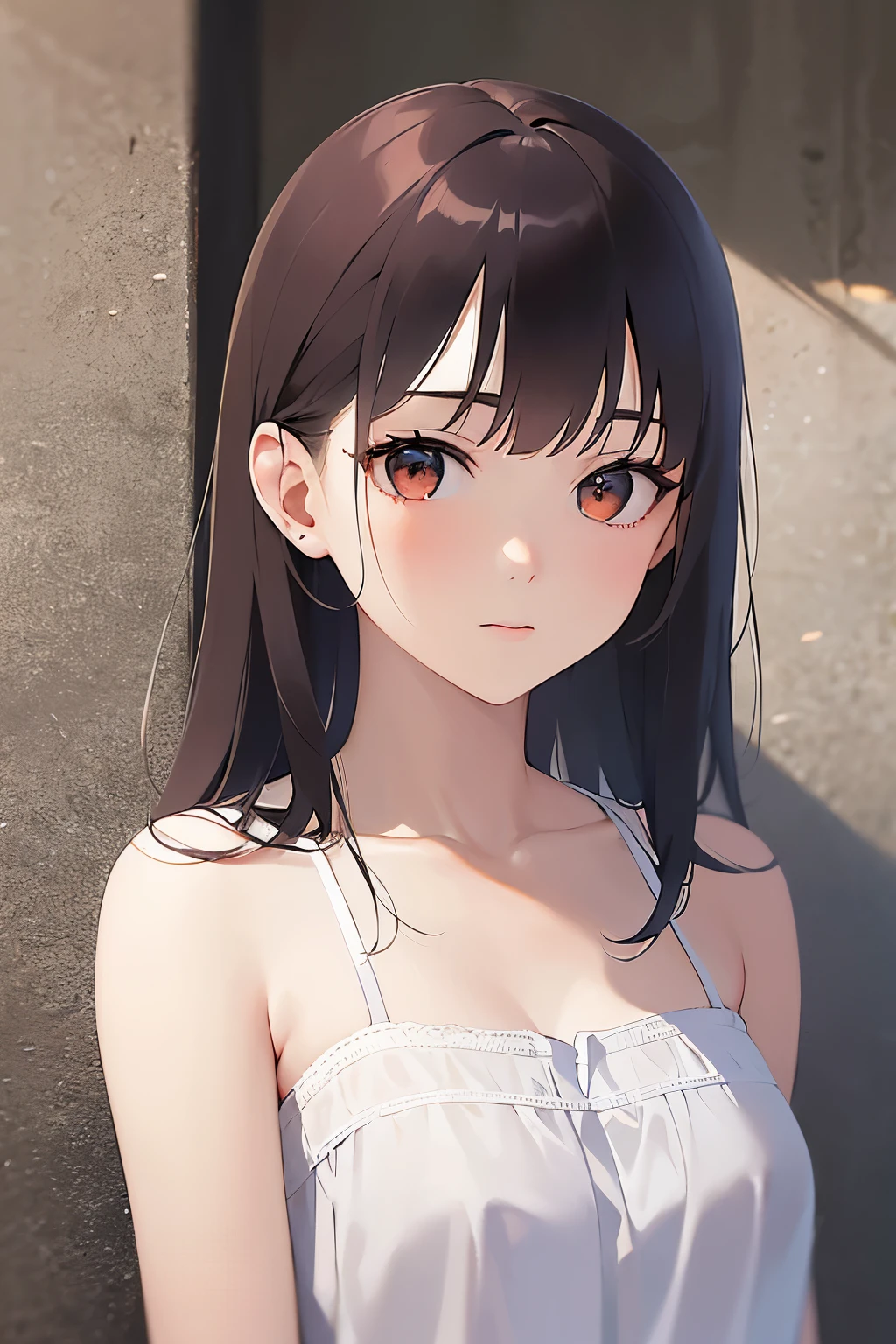 (looking away1.5)Upper Body, facing viewer、
Realistic, real person, (pale skin: 1.2), RAW photo, photorealistic, shiny skin, shiny hair、(A 25-year-old woman with medium-length hair and bangs) and (wavy hair) and (brown hair) and (orange eyes) ,
(White camisole dress:1.5)、
worried,In town、(alone:1.5)