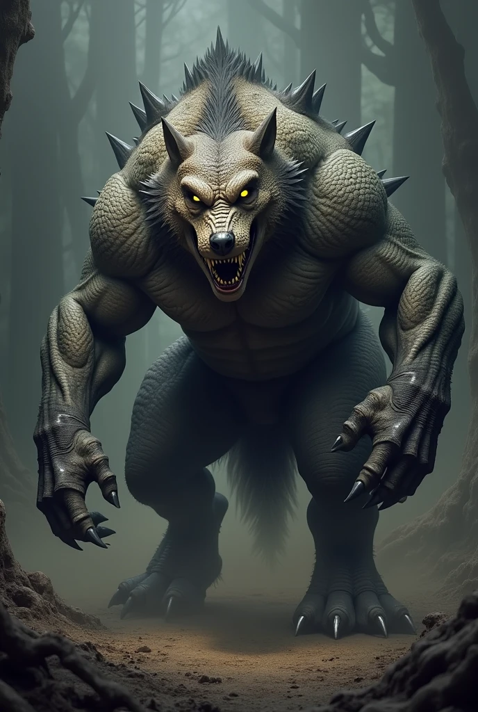 Create a fearsome, fully muscles fusion of  dianasour-wolf with hyper-realistic, rugged skin and scales, against a dark, intense background for a truly shocking effect."