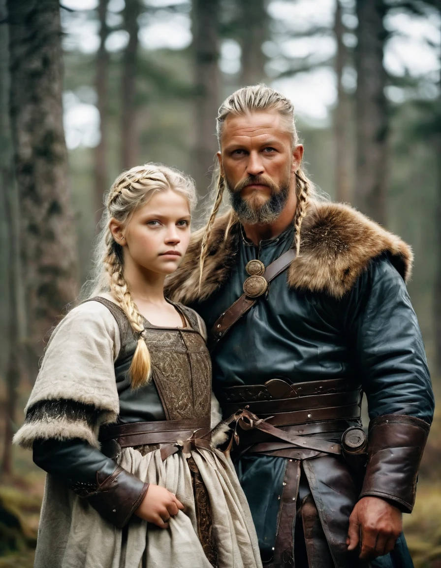 Family photography a father Ragnar Lothbrok a mother Lagertha and a daughter in portrait mode a viking family