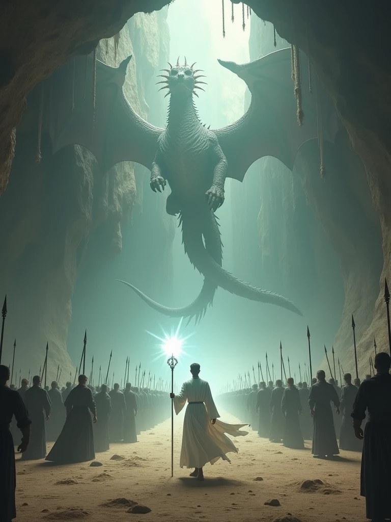 Create an epic fantasy scene set in a vast underground cave. The ceiling of the cave is illuminated with an eerie soft light that reveals a giant, fearsome fire-breathing dragon with long, evil wings and an ancient, twisted body descending from above. Below, in the cave's sandy landscape, a large army of soldiers in dark robes and armor stand ready for battle. At the forefront, a 20-year-old man in a flowing white robe floats above the ground, holding a glowing white staff that emits a bright magical light. Soldiers surround him as a defensive force, demonstrating unity in the fight against the terrifying fire-breathing dragon. The atmosphere is tense, full of suspense and the imminent clash between the forces of light and dark. Beautiful colors and soft earth tones, with the white light from the staff creating moving shadows and highlights. Natural light, 8k clarity.