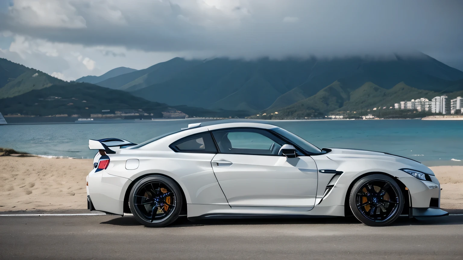 Masterpiece, top quality, high quality, high detailed, Super car, coupe car, (by bmw, by Nissan gtr), white color, black wheels color, big black spoiler, with full body kit, low loading, (parking on beach parking lot, beach background, daytime, no one, smooth)