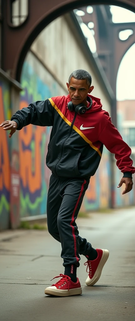 A vividly captured moment of a youthful Mr. Barack Obama, break dancer persona with the iconic flair of 90s Nike street wear. Dressed in a crisp, high-definition, high-resolution portrait, he's seen mid-spin, his body a blur of sharp, angular motion against a stark, urban backdrop. The former President's youthful exuberance shines through as he wears a vintage Nike windbreaker, the bright colors popping with the vibrancy of the era. The jacket's oversized fit and emblazoned logo pay homage to the 90s fashion trends, while the matching track pants and sneakers complete the look. His headphones, casually draped around his neck, emit a silent rhythm that seems to dictate the flow of his dance. The high resolution captures every thread and stitch in his clothing, from the sheen of the windbreaker's fabric to the textured soles of his sneakers. The sharp contrast between the shadow and light highlights the muscular tension in his arms and legs as he executes a flawless break dance move. The high definition quality ensures that not a single bead of sweat is lost, glistening on his brow as he maintains an intense focus on the invisible beat. The surrounding environment is a harmonious blend of urban grit and modern art, with graffitied walls serving as a canvas for the sharp lines and vibrant colors that mirror his dynamic performance. The composition is framed by the arch of a steel bridge overhead, drawing the viewer's eye to the central figure and creating a sense of depth. The overall scene is suffused with a warm, nostalgic light, reminiscent of a time when the world was still discovering the boundless potential of digital photography and the cultural impact of break dancing. The image encapsulates a moment of raw talent and unbridled passion, showcasing a side of Barack Obama that is rarely seen, yet undeniably authentic and inspiring.