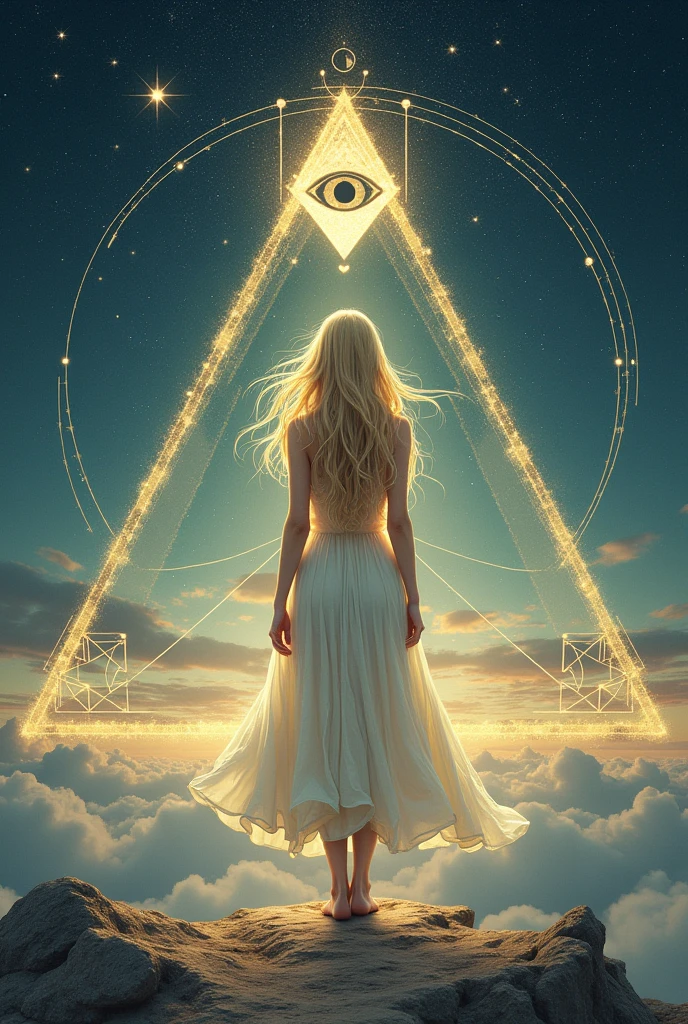label for beer "MONJE OF SKY":

central character: A beautiful blonde woman in an elegant dress,  barefoot.
Symbolic Element: The woman is located inside an equilateral triangle, that stands out in the design.
bottom: A starry night sky, using light and soft colors.
Mystical element: in the sky, There is a second smaller equilateral triangle with an eye in the center (in the style "All-seeing eye").