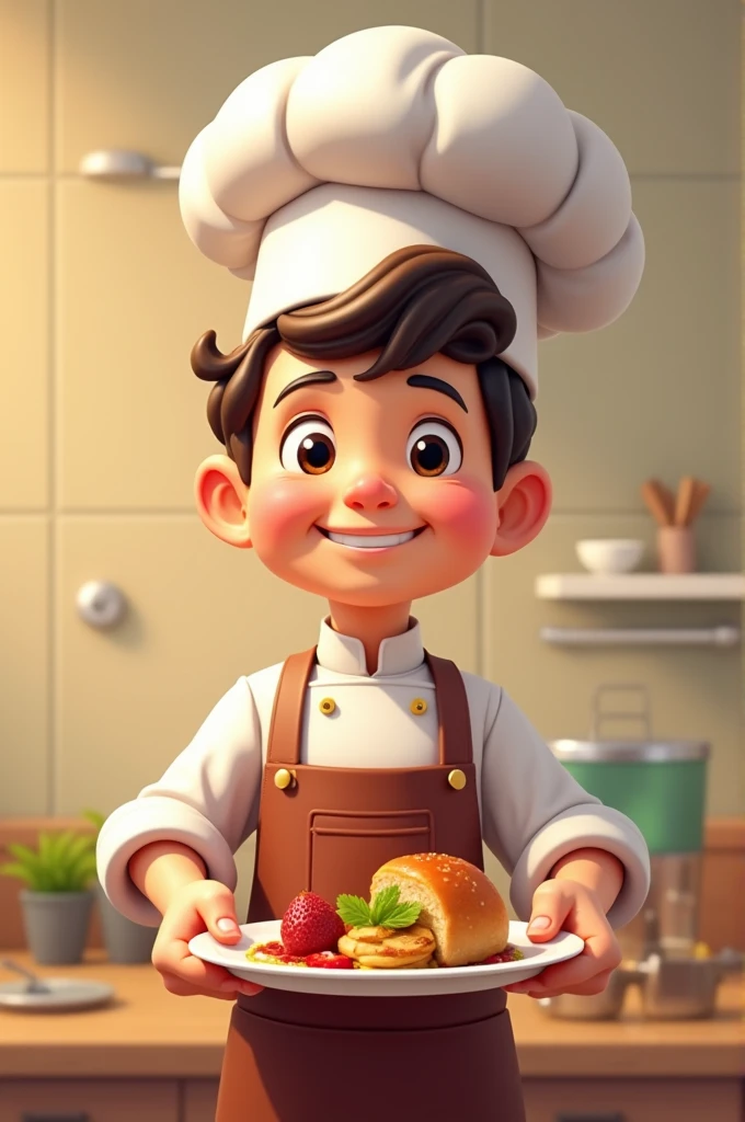 A cartoon chef boy with a dish, he was ready to serve the food,