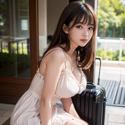 travel scenery photos，Wear a sister-style dress，1 female, On the face, light brown hair, blunt bangs, hair behind ears, Shoulder-length hair, long hair, Slender body type, 超face slimming型, face slimming, delicate lips, beautiful eyes, Thin blush, Eyes are light brown,View here, (actual:1.3), One person's perspective, 8k, Super detailed, high quality, best quality, High resolution, ，Large Breasts，3,above knee shot