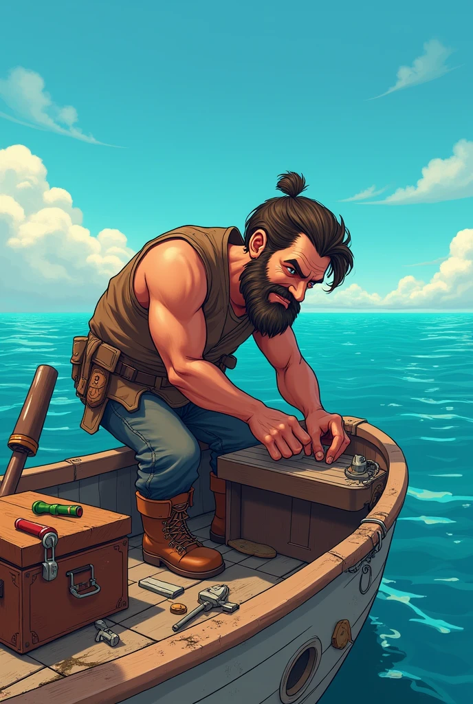 A man repairs a small ship that almost sank alone in the middle of the sea Cartoon