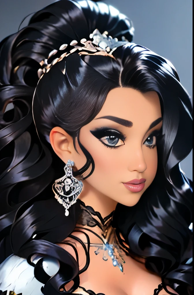 araffe woman in a silver dress, glamor hairstyle, big hair, intricate hairstyle, imperial and elegant hair style, elaborate hair worn up, glamorous hairstyle, intricate hair, baroque curls, elaborate long hairstyle, beautiful futuristic hair style, insanely nice hair style, elaborate long black hairstyle, elaborate hair, futuristic hairstyle, black elegant hair, complex design hair