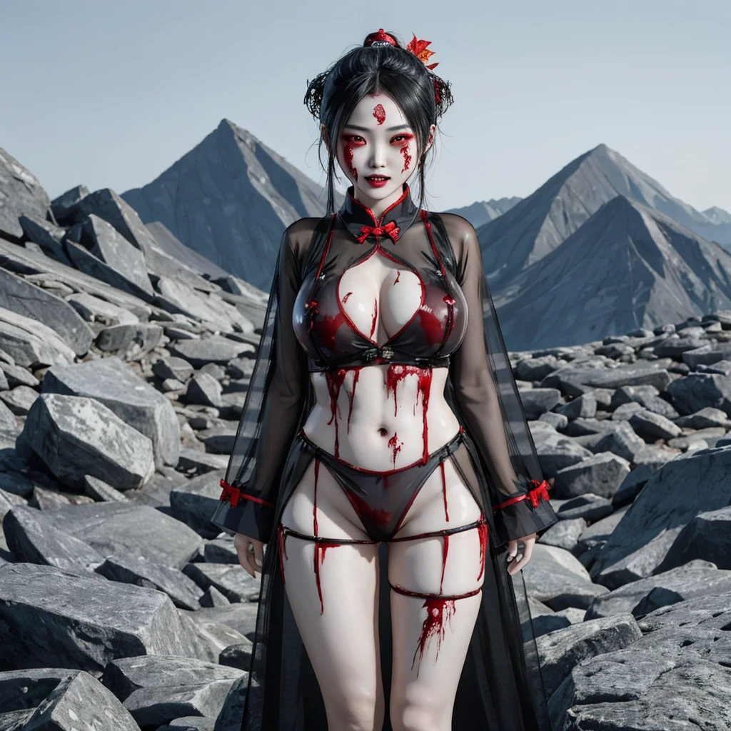 zombie,Chinese style,No underwear,Large Breasts,Showing chest and legs,deep mountain,fangs,blood,Transparent clothes