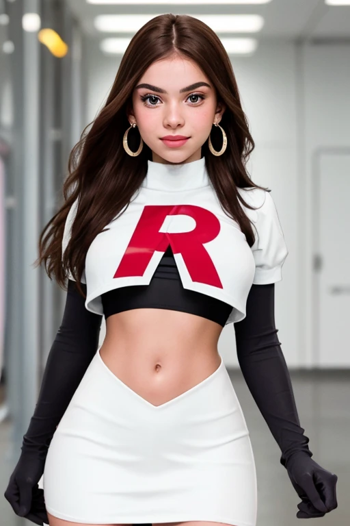 The face of Olivia Rodrigo, 1girl, solo, team rocket,team rocket uniform,white skirt,red letter R,crop top,black thigh-highs,black elbow gloves, earrings, large breasts,