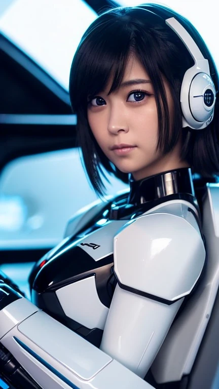 Wide-angle shot, 1 female, Mecha, Glowing black eyes, Very cute face, (Realistic:1.37), バイオMechaニカル, Spaceship interior bokeh background, Ultra-realistic, Very detailed, Very intricate details, Beautiful woman in focus、