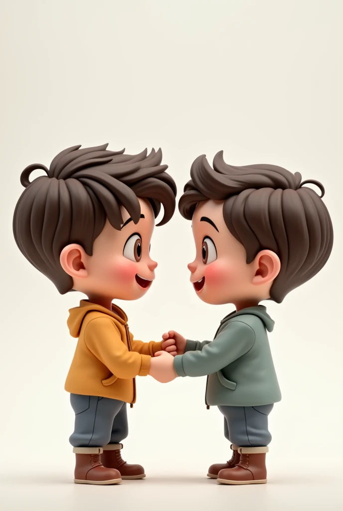 Knife two boys holding hands,a boy has slightly wavy brown hair with brown eyes and a mole on the right corner of his mouth, very minimalist and white skin, the other one has slightly dark brown hair, light brown eyes and a striking look and a striking smile too, and a mouth with slightly large lips and white skin too and with a 3D image with a human aspect and looking forward. 