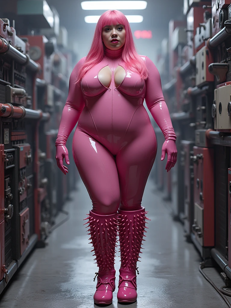 (Create realistic and photo-realistic images) 、She wore a pink long-sleeved, high-necked latex suit.、Pink haired foreign girl。Pink latex long gloves on hands、Pink latex spikey creepy long boots。Plump figure、Very huge breasts and、The big ass looks obscene and attractive。She purposely shows off her large breasts、I'm provoking you here.。The shiny luster of latex。Proof from the top。In the background, there are rows of creepy factory machines.。nsfw