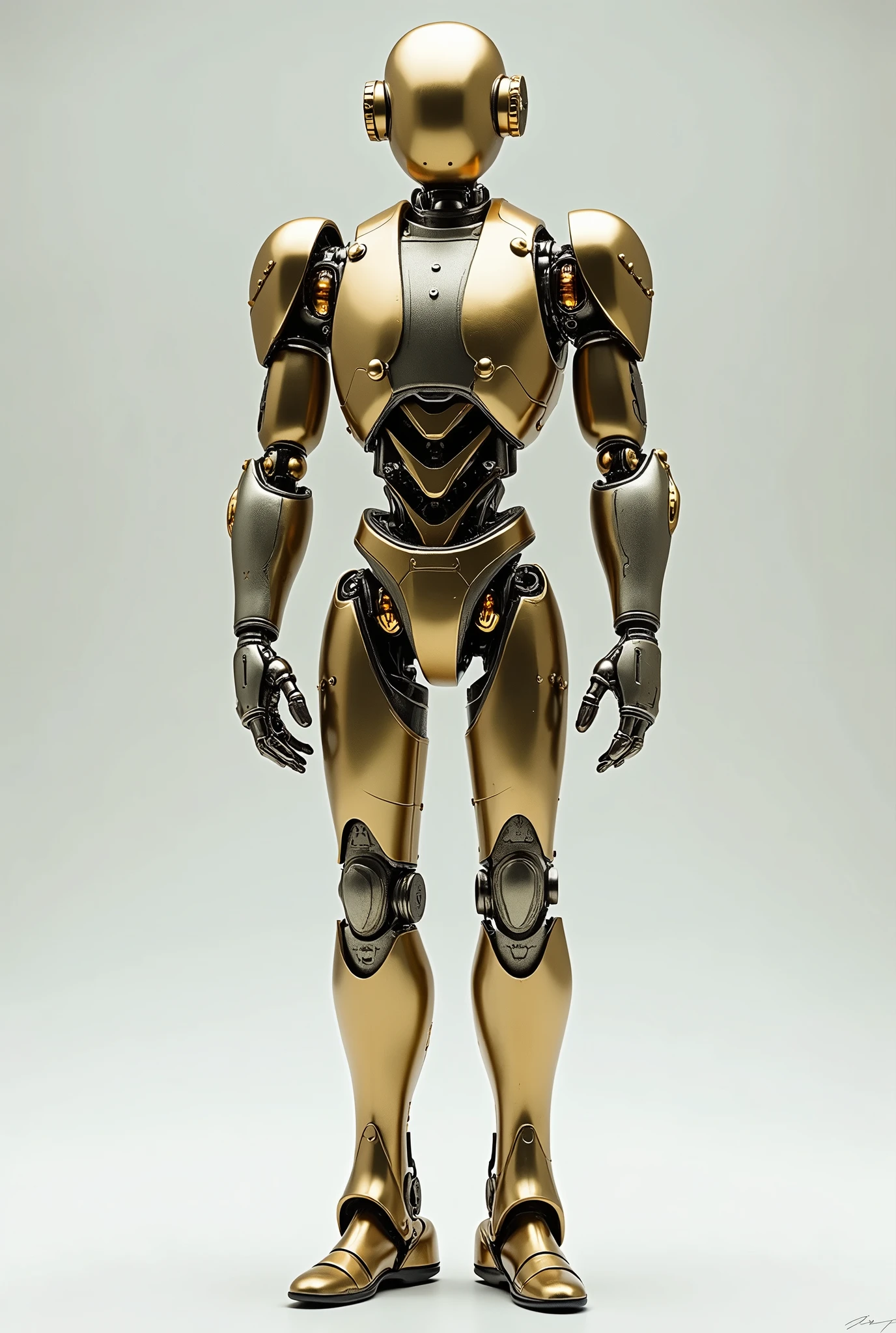 A highly detailed, full-body robot inspired by the iconic design of the robot from Fritz Lang's 'Metropolis'. The robot should have a sleek, metallic appearance, either gold or silver in color, with intricate lights and accessories adorning its body. The design should blend elements of art deco with futuristic technology, featuring smooth curves, geometric patterns, and glowing accents. The robot stands on a plain white or light gray background, allowing its details to stand out prominently. Looking at viewer. "size": "1024x1792"