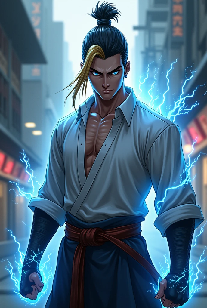 A slim defined man. With black hair on the sides and nape, straight and blond on top and tied up in a samurai style, with blue eyes. With a height of 1,75m in white skin color. With energy powers, electricity and tesla.