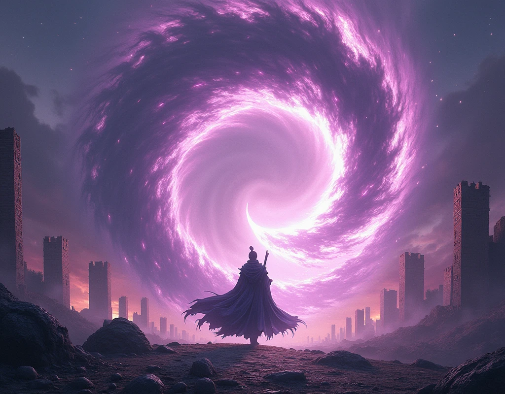 Xun revealed his shadow form and flew high into the air, channeled shadow-fire into Soul Reaper, and began to turn in a vertical arc, flipping with increasing speed. The legions were paralyzed with fear as the shadow-flame arc began to become a circle that seemed to grow in size. The wheel of fire entranced them all with fear as it lit the dark, night sky violet over the ruins of the fortress. Then as the arc hit critical size and speed, Xun stopped spinning abruptly, and the wheel of shadow-fire became a cyclone that poured down in a column into the center of the hunter and neo-Golden Sun forces and began radiating outward. Waves of shadow-fire spread throughout the fortress crystallizing the legions vast of hunters and neo-Golden Sun where they stood. The waves began pulsing and climbing through every hall, chamber, and tower as the enemy forces attempted, in vain, to flee. Wave after wave crawled across the valley and as it reached the ruined towers’ tops, it exploded out like volcanic fire and after a moment dissipated leaving only crystalized skeletons in its wake.