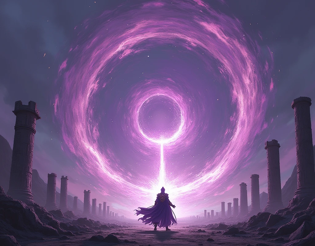 Xun revealed his shadow form and flew high into the air, channeled shadow-fire into Soul Reaper, and began to turn in a vertical arc, flipping with increasing speed. The legions were paralyzed with fear as the shadow-flame arc began to become a circle that seemed to grow in size. The wheel of fire entranced them all with fear as it lit the dark, night sky violet over the ruins of the fortress. Then as the arc hit critical size and speed, Xun stopped spinning abruptly, and the wheel of shadow-fire became a cyclone that poured down in a column into the center of the hunter and neo-Golden Sun forces and began radiating outward. Waves of shadow-fire spread throughout the fortress crystallizing the legions vast of hunters and neo-Golden Sun where they stood. The waves began pulsing and climbing through every hall, chamber, and tower as the enemy forces attempted, in vain, to flee. Wave after wave crawled across the valley and as it reached the ruined towers’ tops, it exploded out like volcanic fire and after a moment dissipated leaving only crystalized skeletons in its wake.
