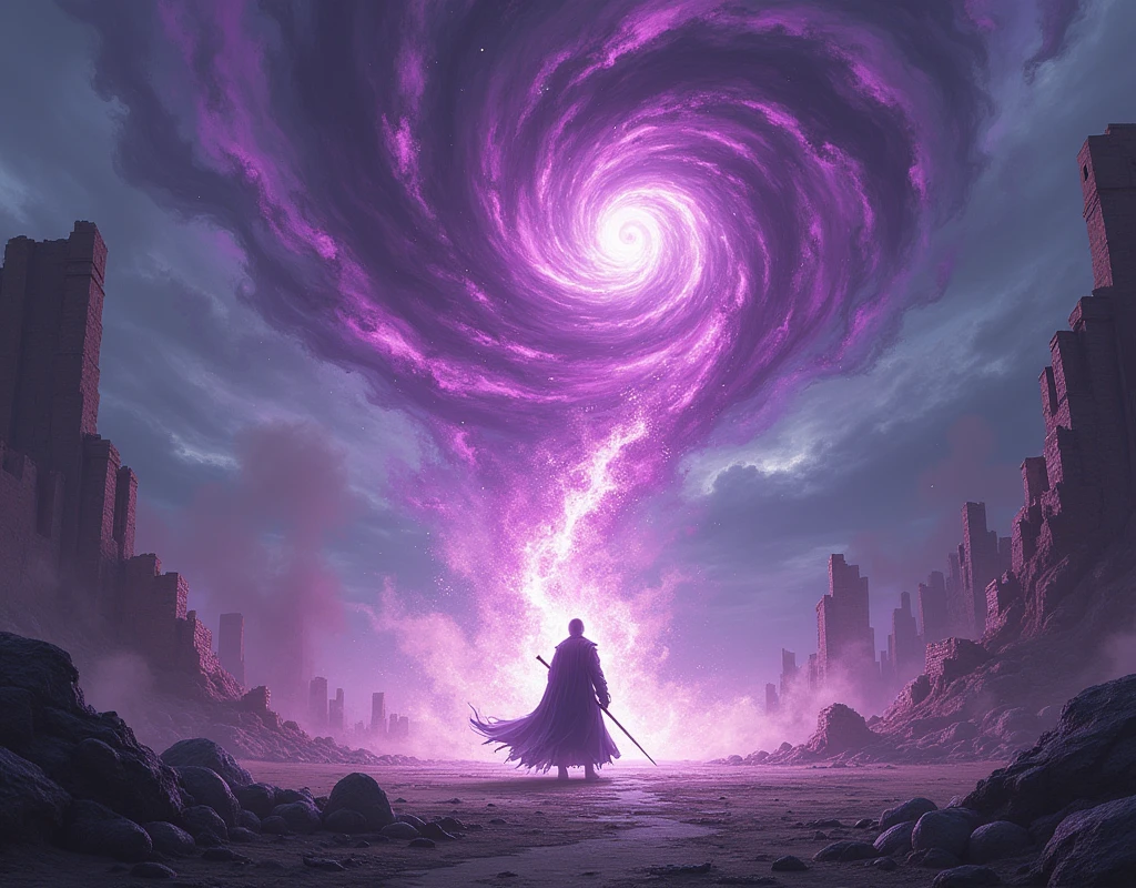 Xun revealed his shadow form and flew high into the air, channeled shadow-fire into Soul Reaper, and began to turn in a vertical arc, flipping with increasing speed. The legions were paralyzed with fear as the shadow-flame arc began to become a circle that seemed to grow in size. The wheel of fire entranced them all with fear as it lit the dark, night sky violet over the ruins of the fortress. Then as the arc hit critical size and speed, Xun stopped spinning abruptly, and the wheel of shadow-fire became a cyclone that poured down in a column into the center of the hunter and neo-Golden Sun forces and began radiating outward. Waves of shadow-fire spread throughout the fortress crystallizing the legions vast of hunters and neo-Golden Sun where they stood. The waves began pulsing and climbing through every hall, chamber, and tower as the enemy forces attempted, in vain, to flee. Wave after wave crawled across the valley and as it reached the ruined towers’ tops, it exploded out like volcanic fire and after a moment dissipated leaving only crystalized skeletons in its wake.