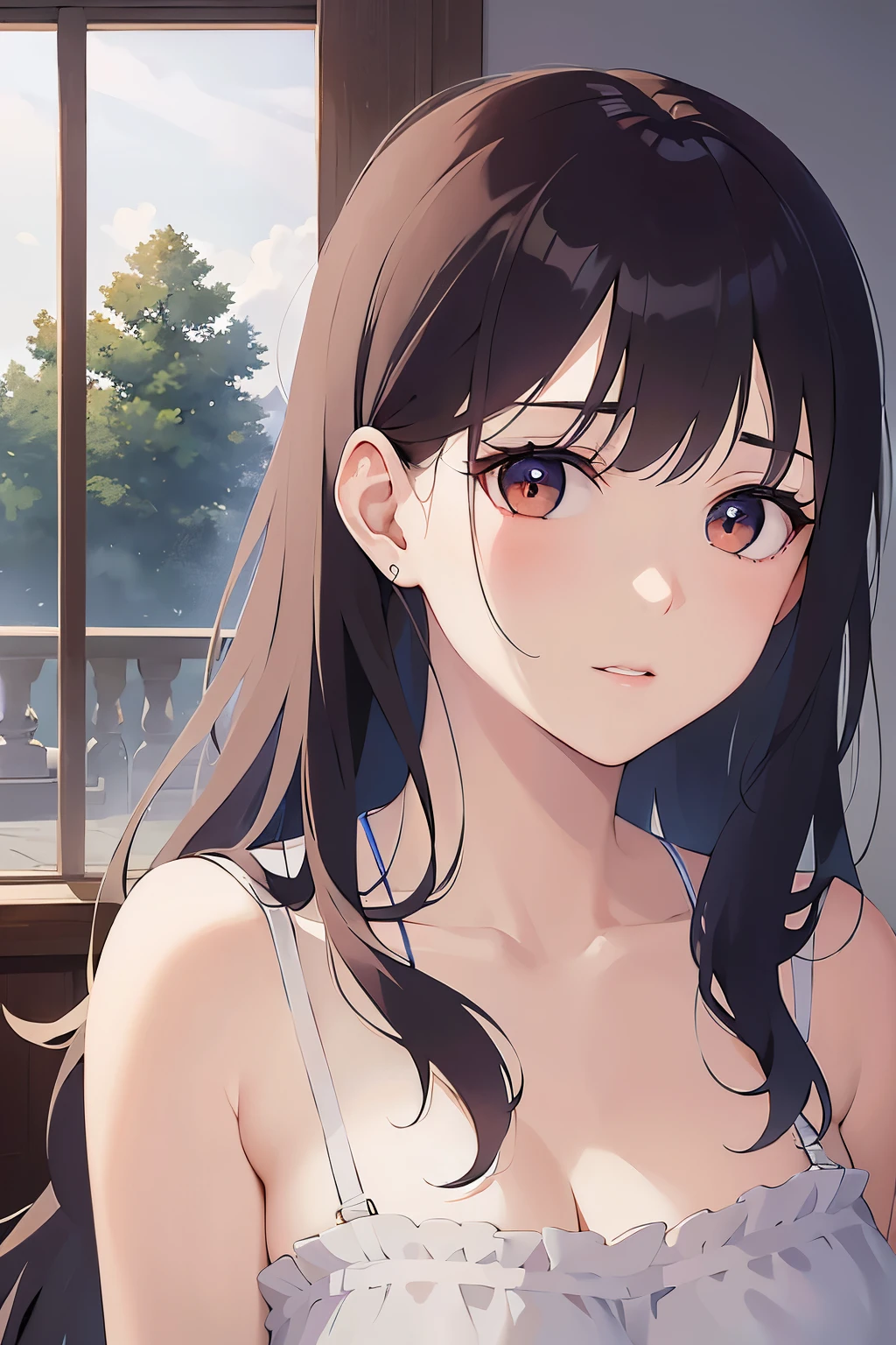 （looking away1.5）Upper Body, facing viewer、
Realistic, real person, (pale skin: 1.2), RAW photo, photorealistic, shiny skin, shiny hair、(A 25-year-old woman with medium-length hair and bangs) and (wavy hair) and (brown hair) and (orange eyes) ,
（White camisole dress：1.5）、
 downcast,,park、(alone:1.5)